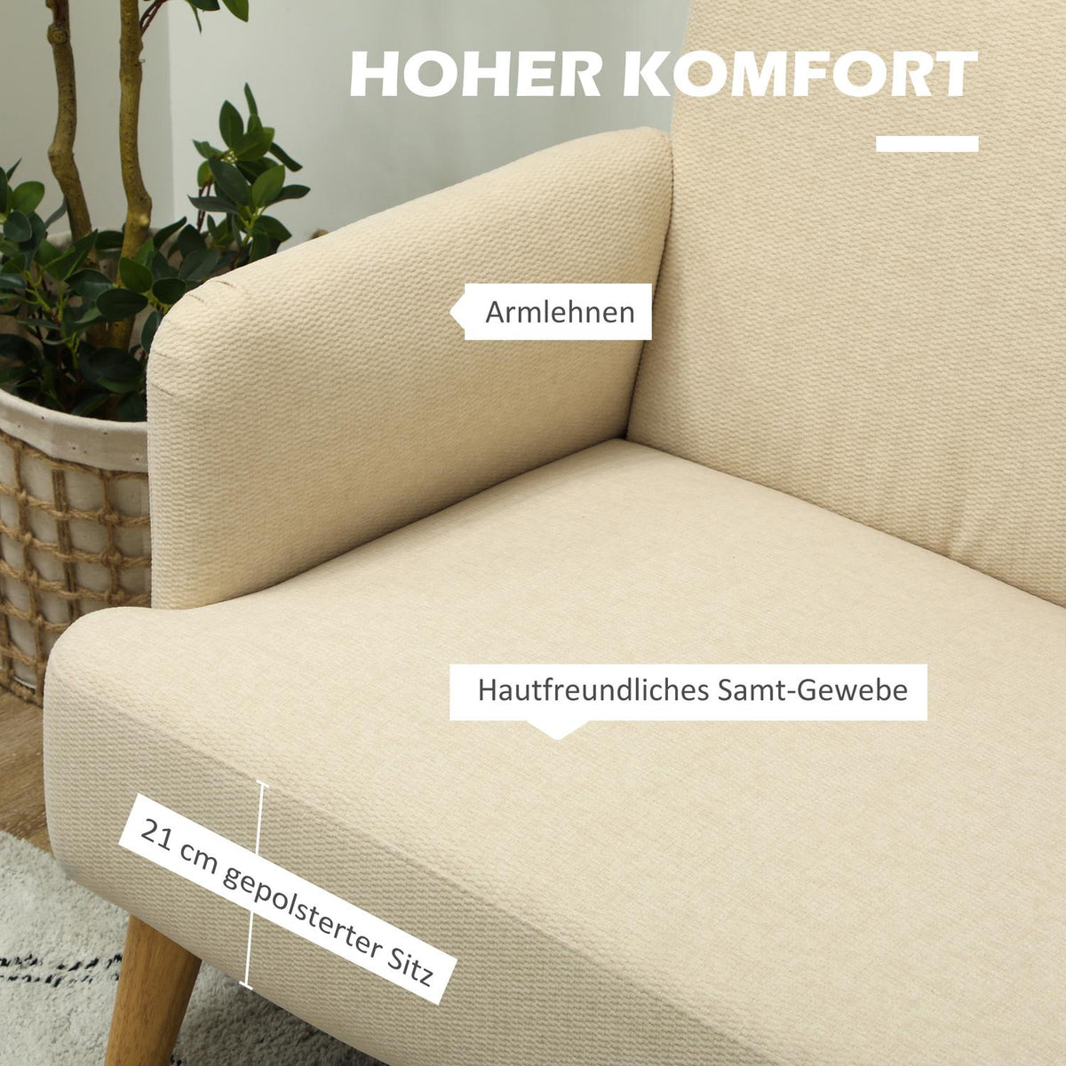 2 Seater Sofa, Small Velvet Look Couch, Wooden Legs, Thick Padded Upholstered Sofa with Armrests for Living Room, Bedroom, 130 x 74 x 79 cm, Cream White