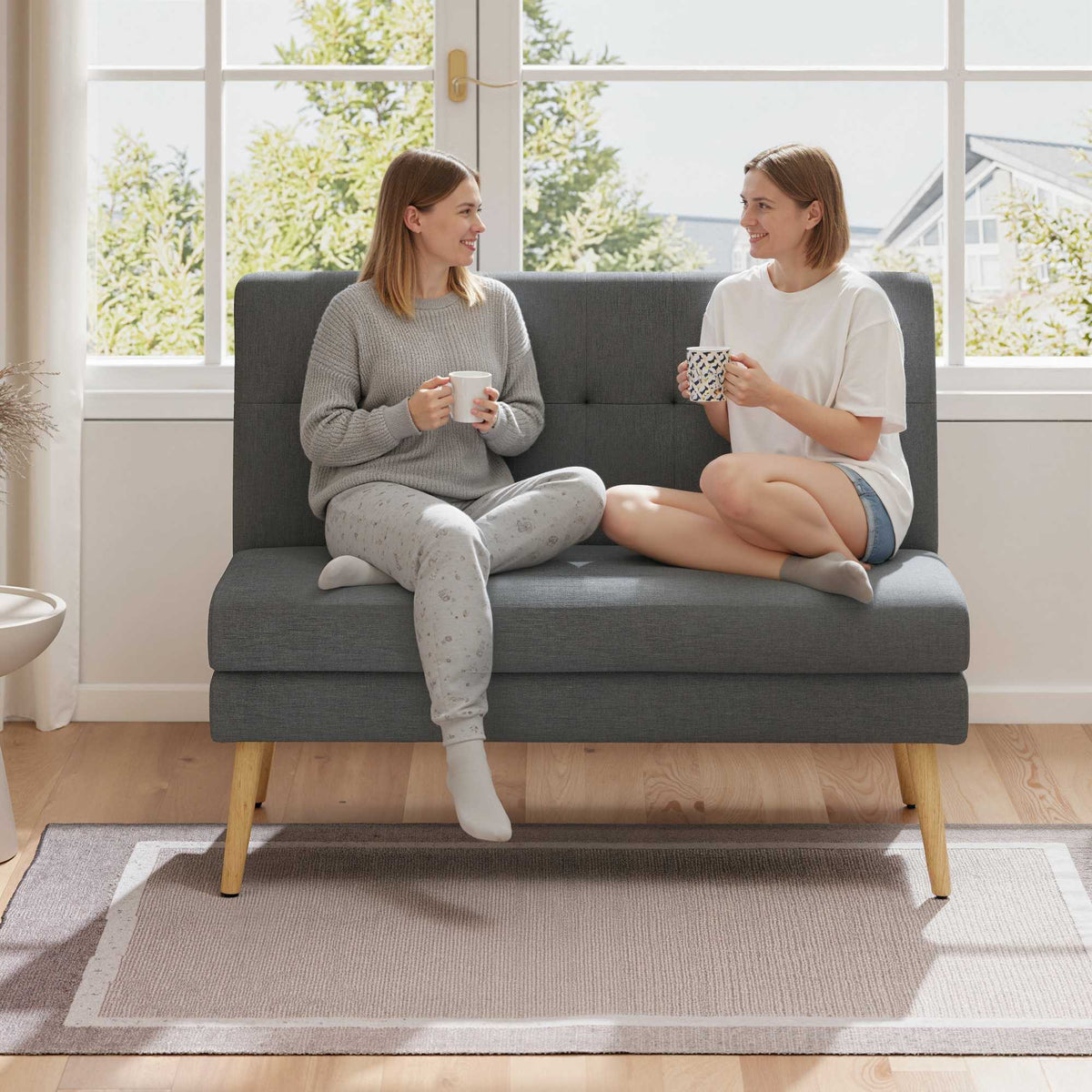 2-Seater Sofa, Tufted Back, Wood Legs, Linen Look, Grey