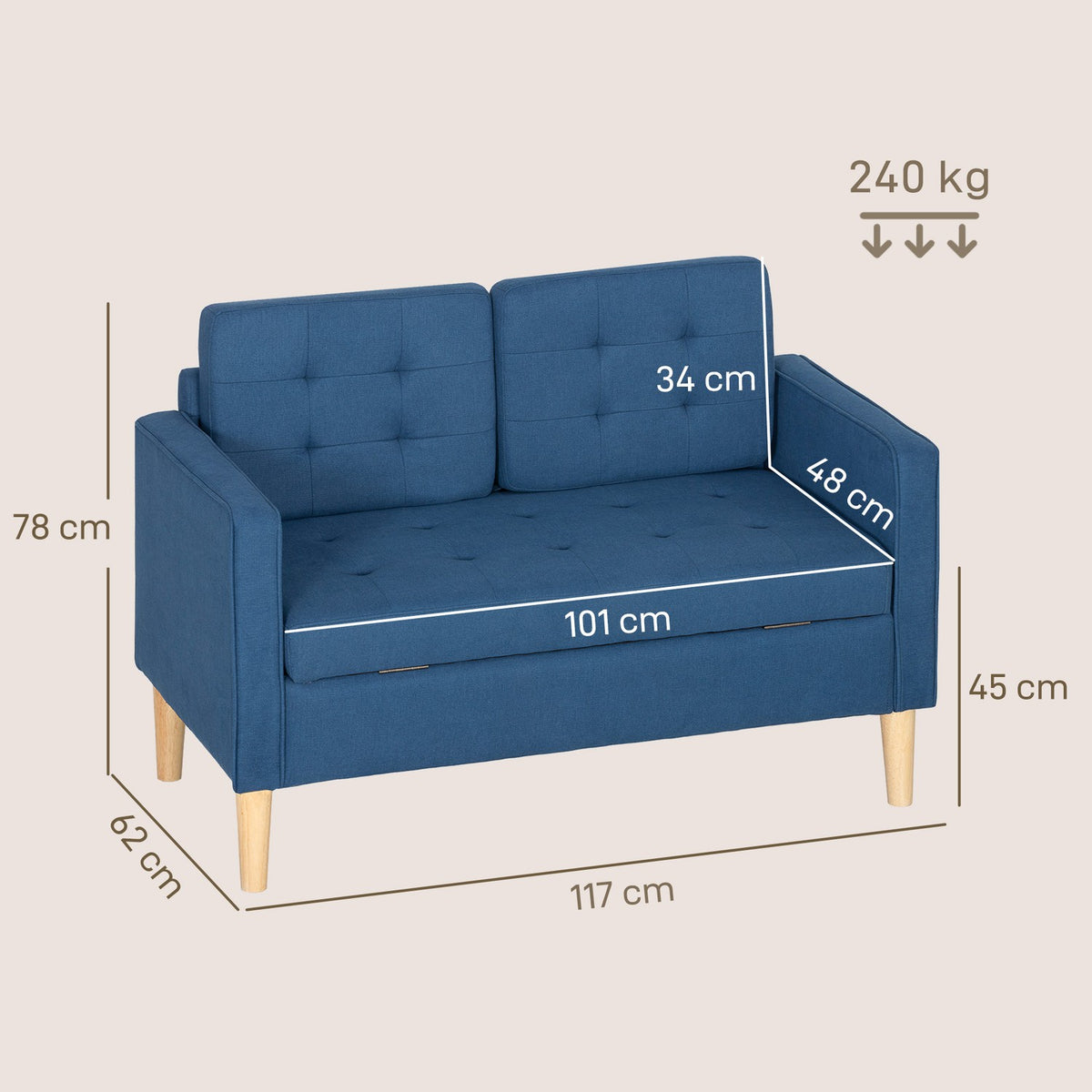 2-Seater Sofa with Storage, Blue Velvet, Compact Design