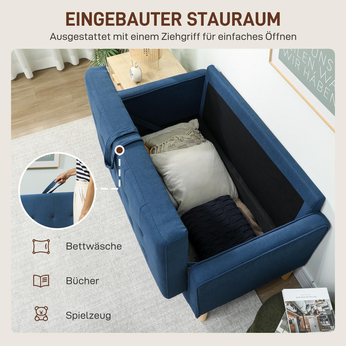 2-Seater Sofa with Storage, Blue Velvet, Compact Design