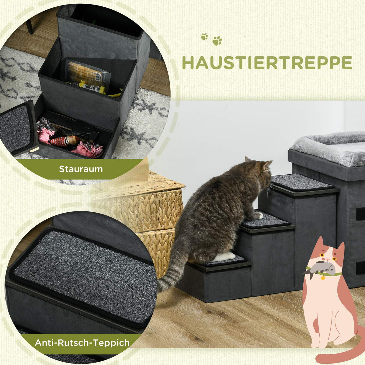 2 Stainless Steel Bowls, Cat Bed, For Small Animals Up To 8Kg, Polyester, Grey