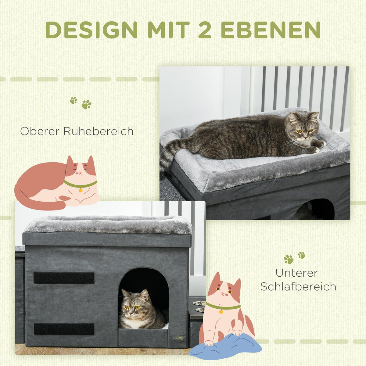2 Stainless Steel Bowls, Cat Bed, For Small Animals Up To 8Kg, Polyester, Grey