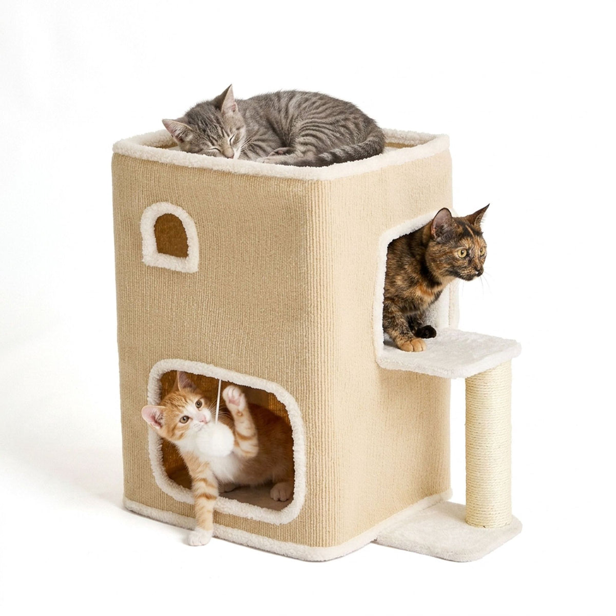 2-Storey Cat House with Sisal Post & Toys - Beige