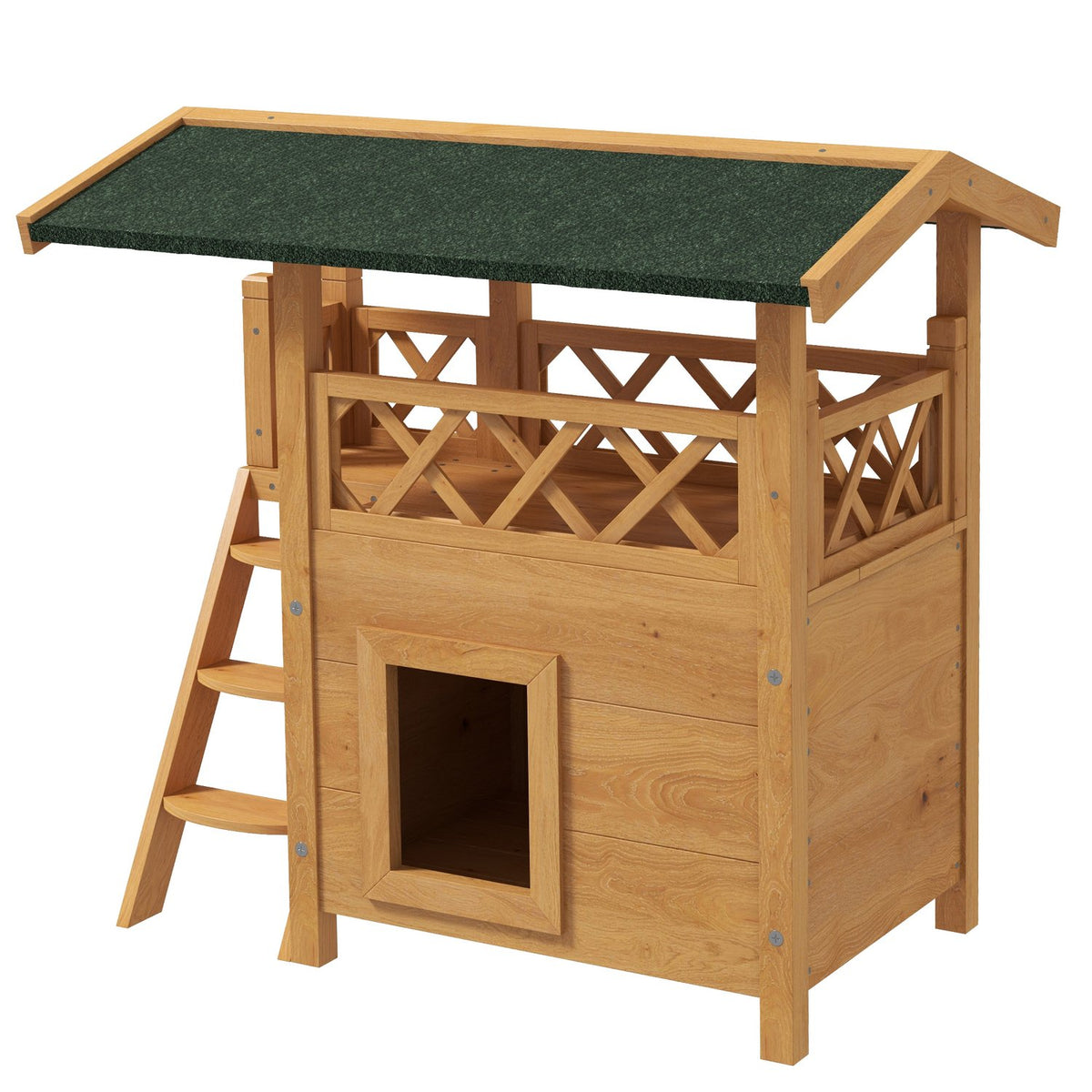 2-Story Cat House With Asphalt Roof & Balcony, Solid Wood Cat Villa With Stairs, Natural, 77X50X73Cm