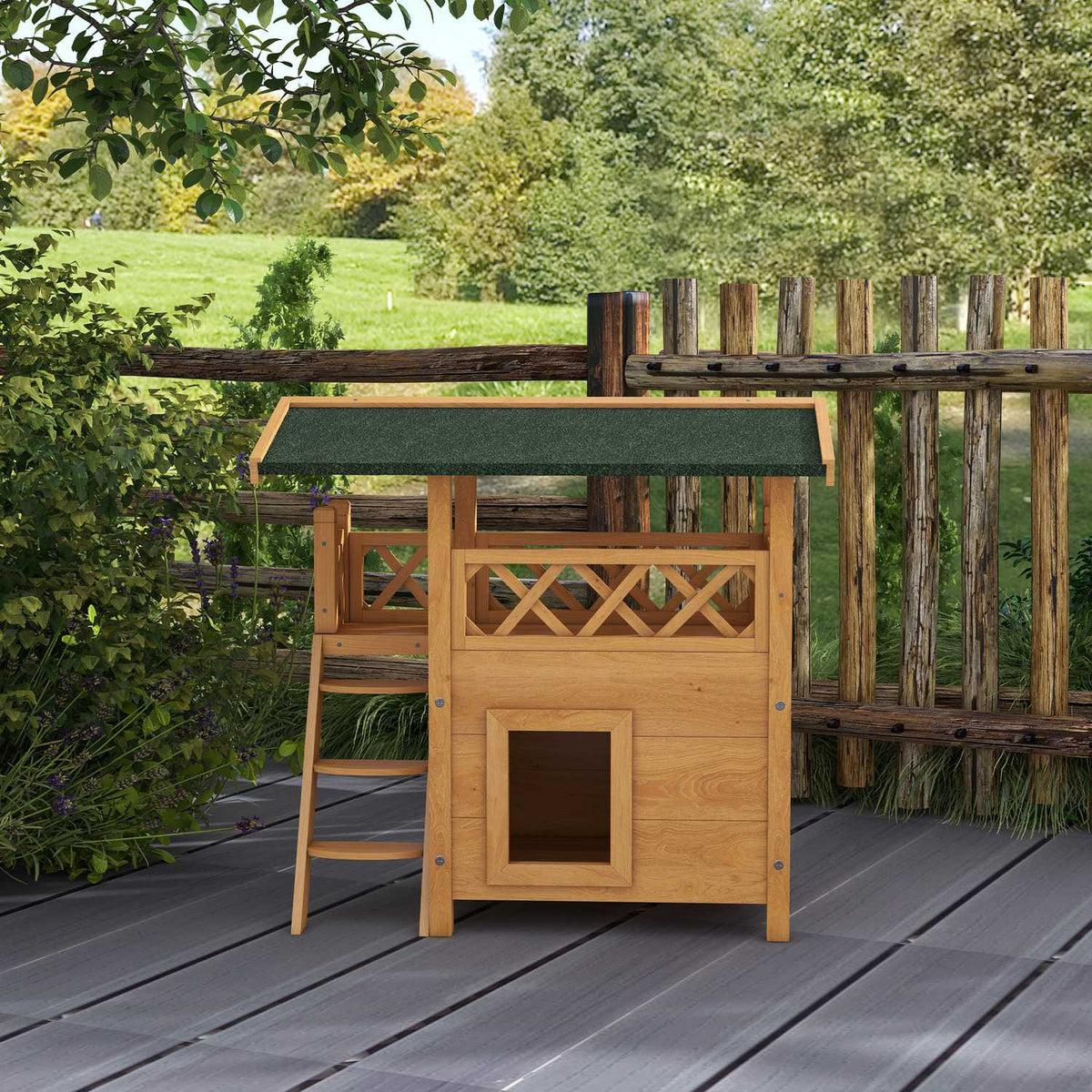 2-Story Cat House With Asphalt Roof & Balcony, Solid Wood Cat Villa With Stairs, Natural, 77X50X73Cm