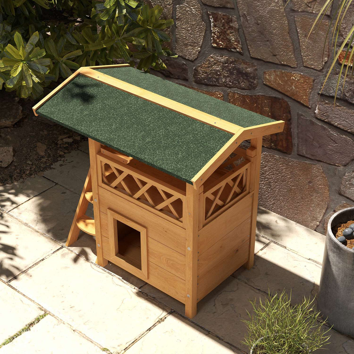 2-Story Cat House With Asphalt Roof & Balcony, Solid Wood Cat Villa With Stairs, Natural, 77X50X73Cm
