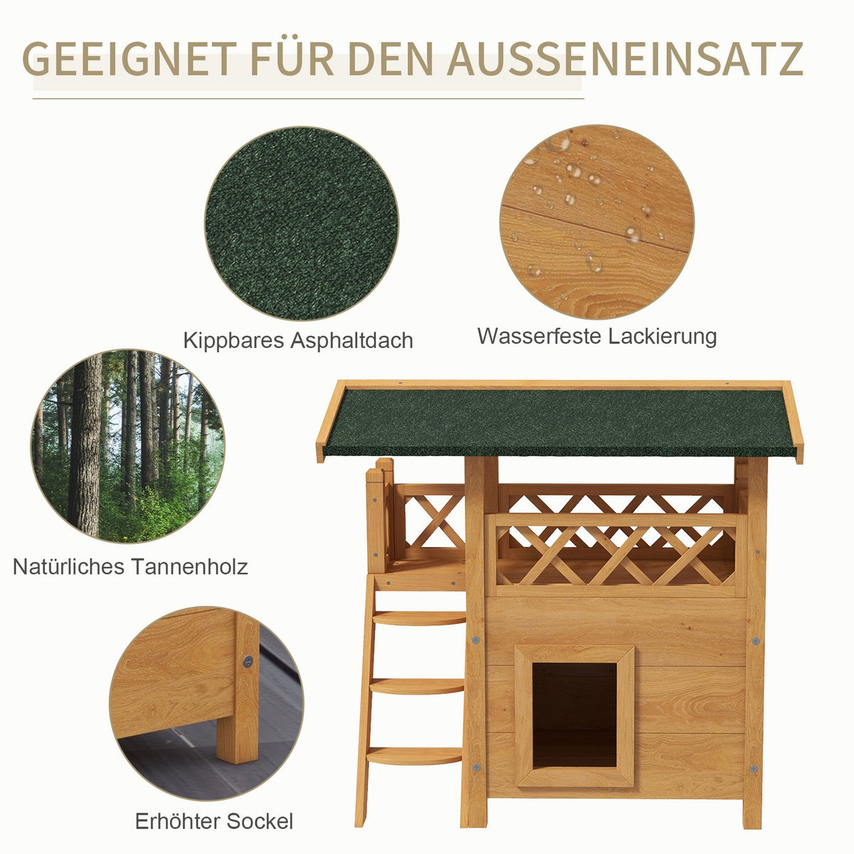 2-Story Cat House With Asphalt Roof & Balcony, Solid Wood Cat Villa With Stairs, Natural, 77X50X73Cm