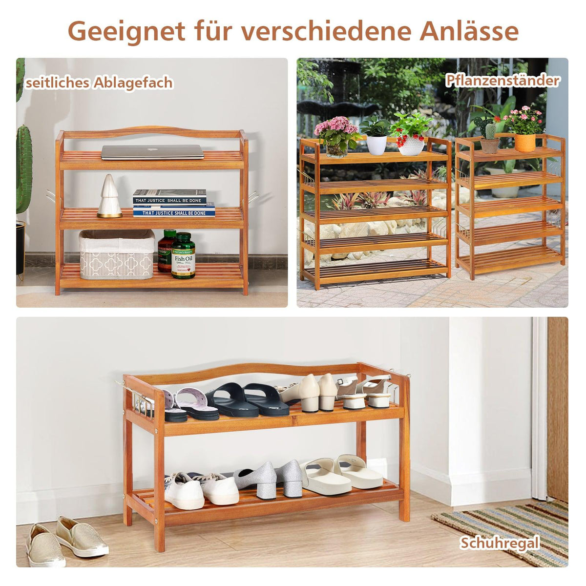 2-Tier Acacia Wood Shoe Rack with Side Hooks