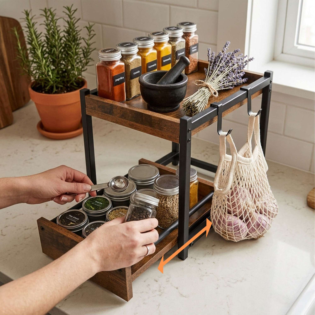 2-Tier Brown Spice Rack with Hooks & Pull-Out Drawer