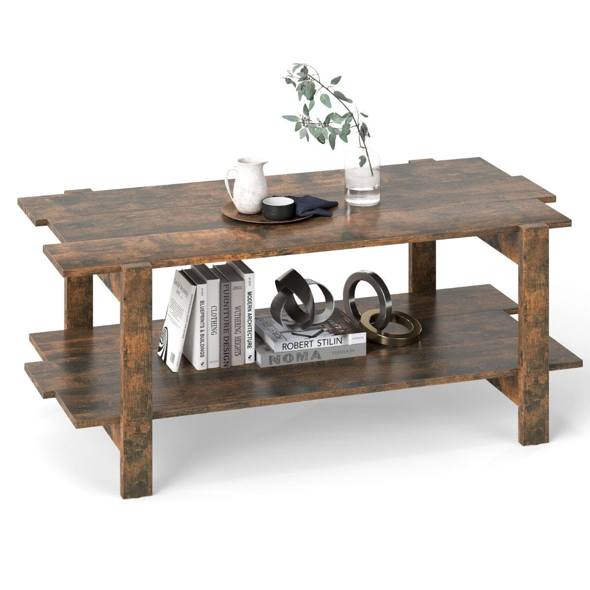 2-Tier Coffee Table with Shelf – Brown Wood, 115 cm