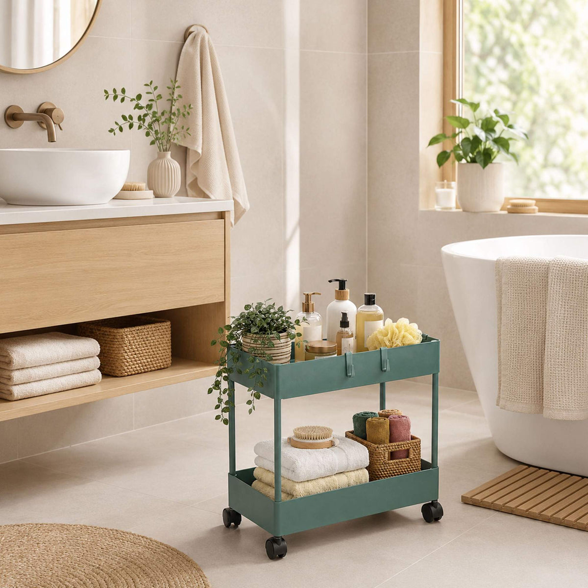 2-Tier Dark Green Serving Trolley with Wheels