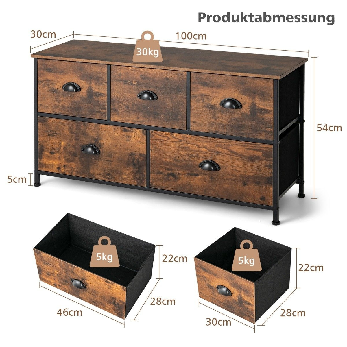 2 Tier Rustic Chest with 5 Drawers & Foldable Fabric Drawers Brown