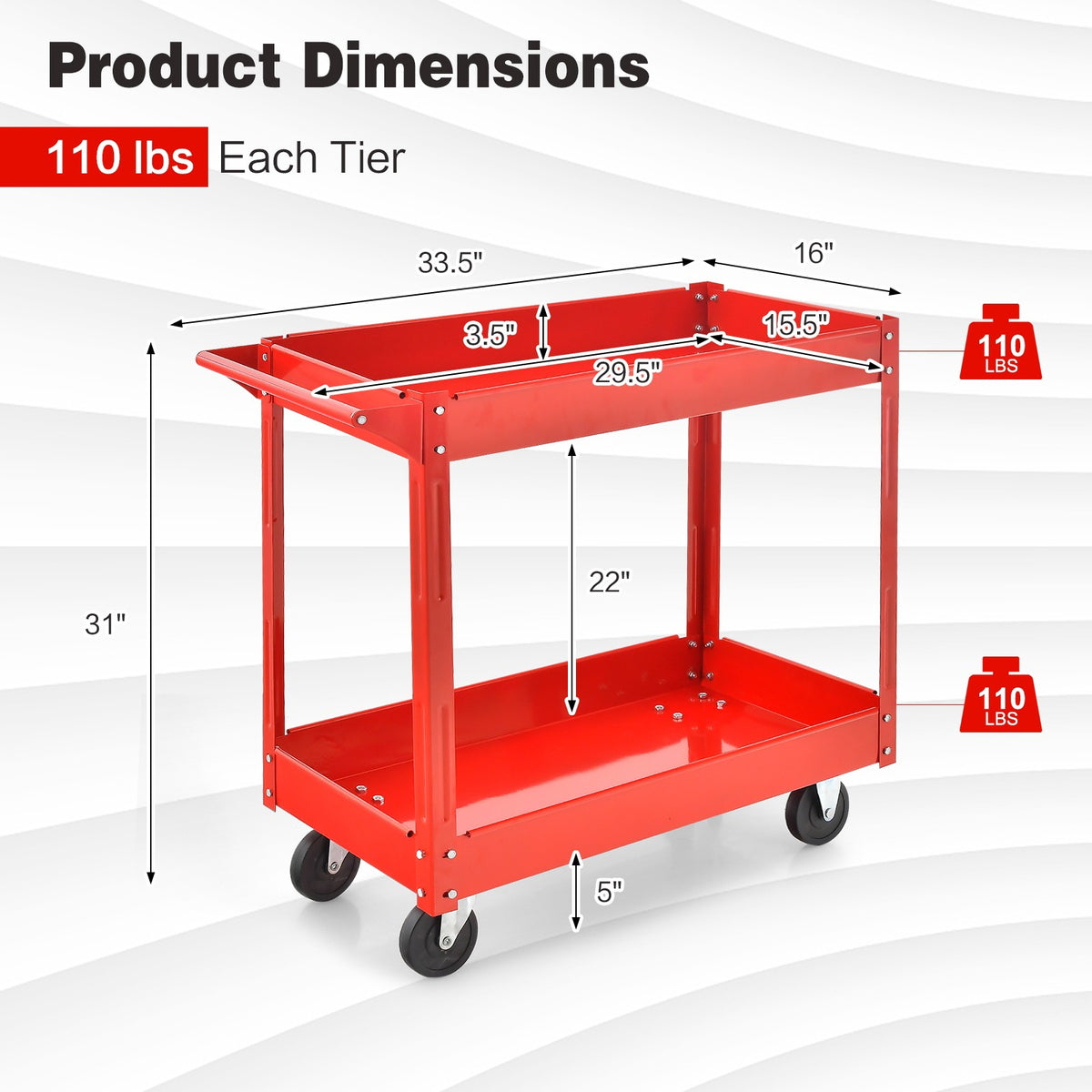 2-Tier Utility Cart With Handle, Metal Frame, Red