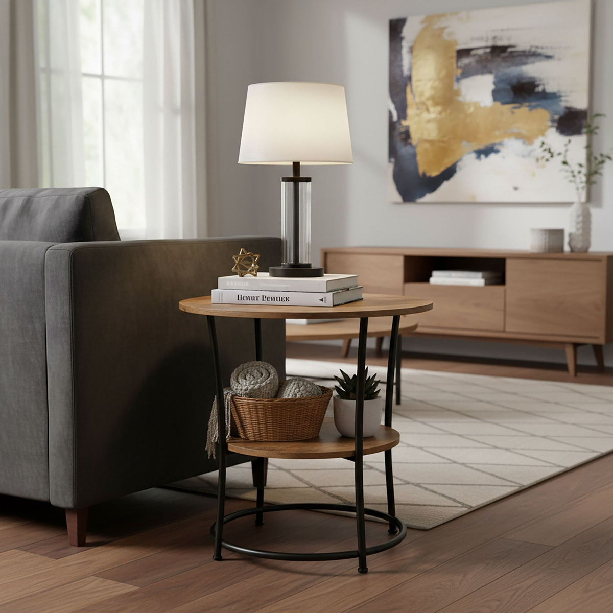 2-Tier Wood-Effect Side Table with Metal Frame