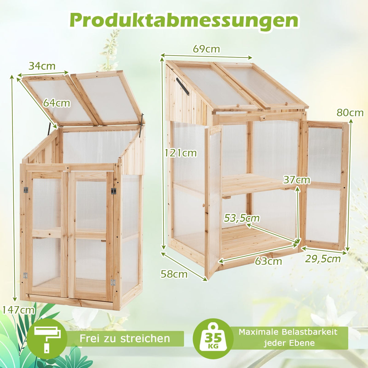 2-Tier Wooden Cold Frame Greenhouse with Doors, 69x58x121 cm