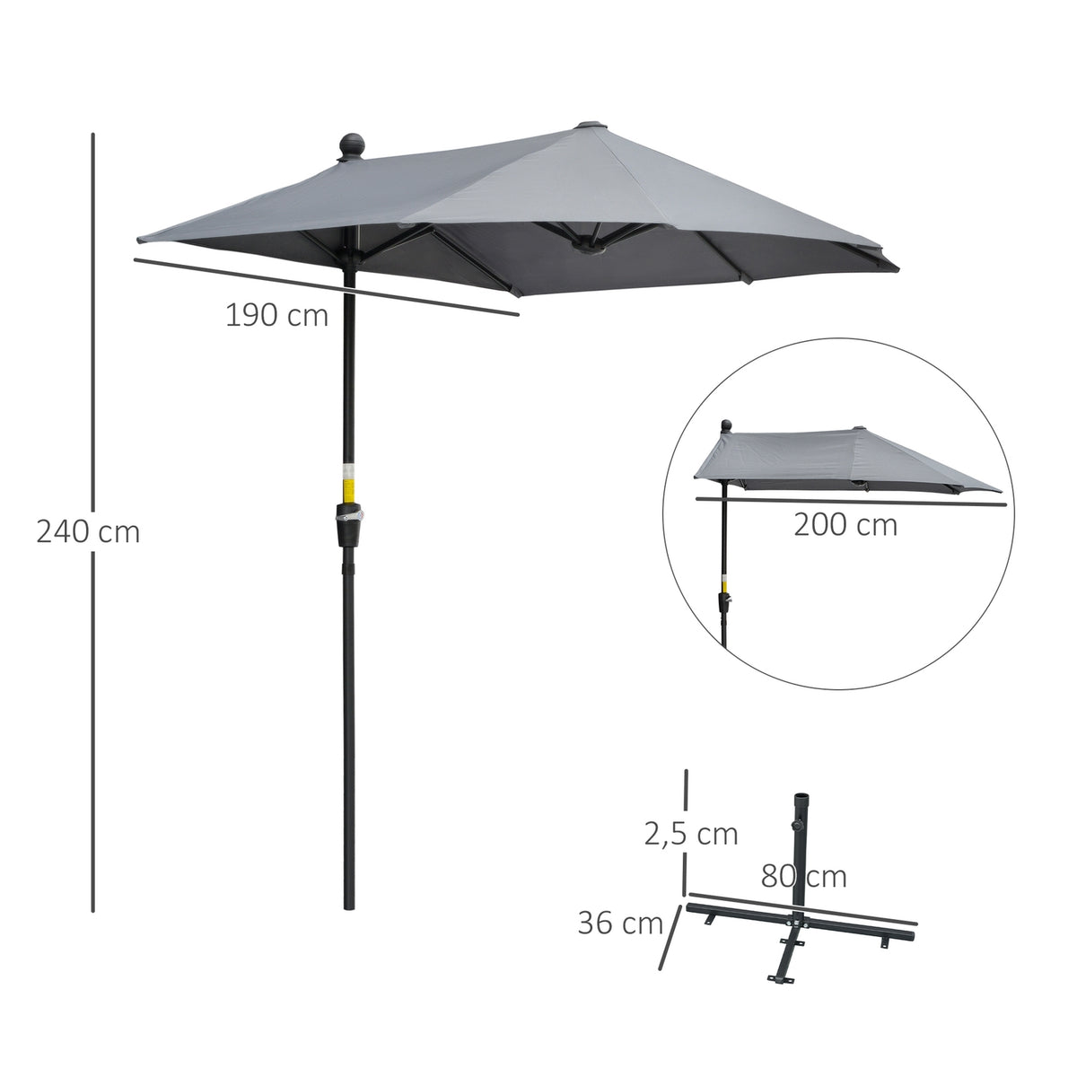 2 X 2 M Parasol Half-Round Parasol Balcony Umbrella With Holder Waterproof For Garden Terraces Yards 100% Polyester Dark Grey