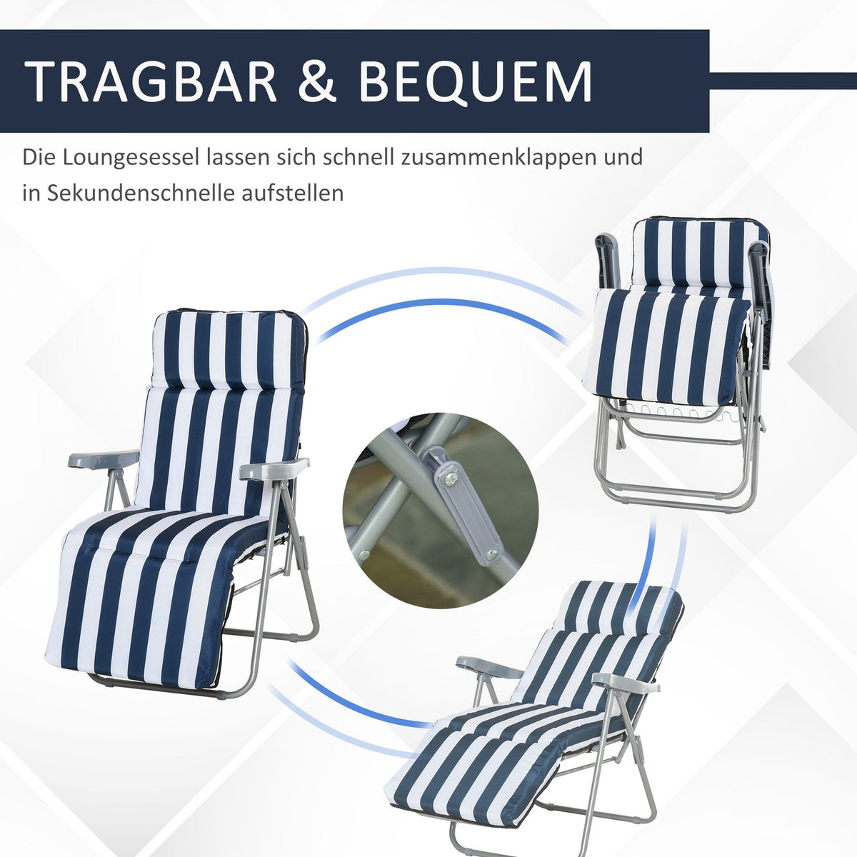 2 X Folding Chairs Garden Chair Sun Lounger Armrest Foldable 5 Positions Cushion Blue 60 X 75 X 102 Cm