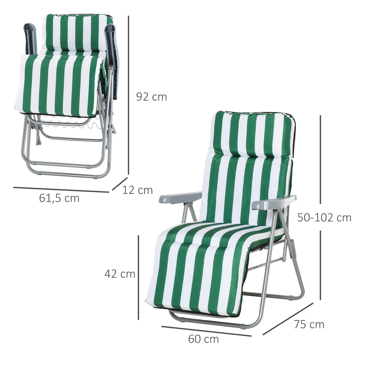 2 X Folding Chairs Garden Chair Sun Lounger Armrest Foldable 5 Positions Cushion Green + White 60 X 75 X 102 Cm