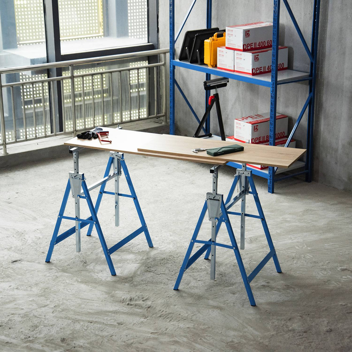 2 X Scaffolding Trestle, Folding Trestle, Height Adjustable Up To 200Kg, Steel, Blue, 68X58X80-130Cm