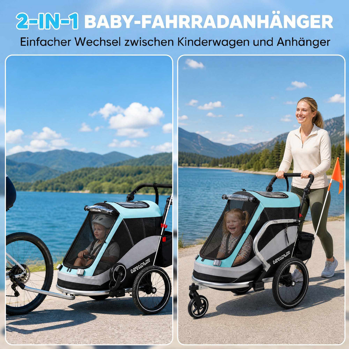 2-in-1 Bike Trailer Stroller, Foldable, 16in Air Tires