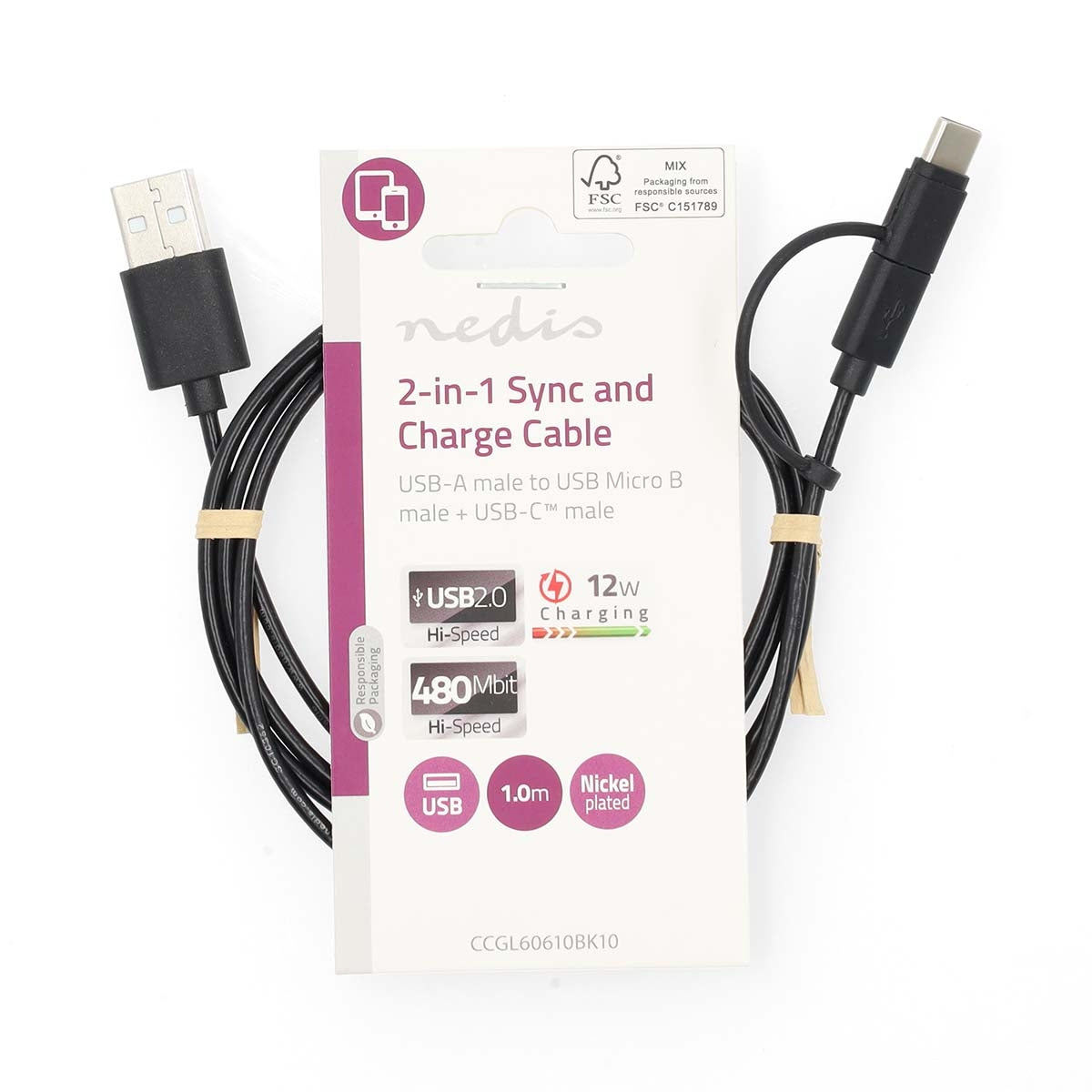 2-in-1 Cable | USB 2.0 | USB-A Male | USB Micro-B Male / USB-C™ Male | 480 Mbps | 1.00 m | Nickel Plated | Round | PVC | Black | Label