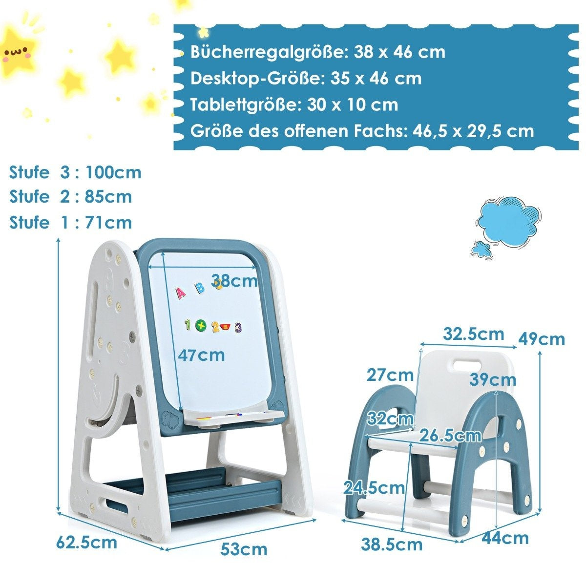 2 in 1 Children's Art Easel Double Sided Magnetic Board Blue