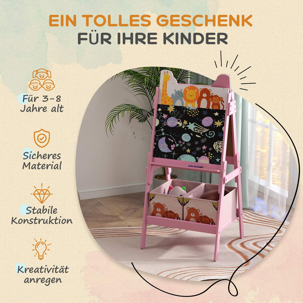 2-in-1 Children's Blackboard, Double-Sided Children's Easel, Easel with Chalkboard, Whiteboard, Storage Boxes, for Children 3-8 Years, Pink