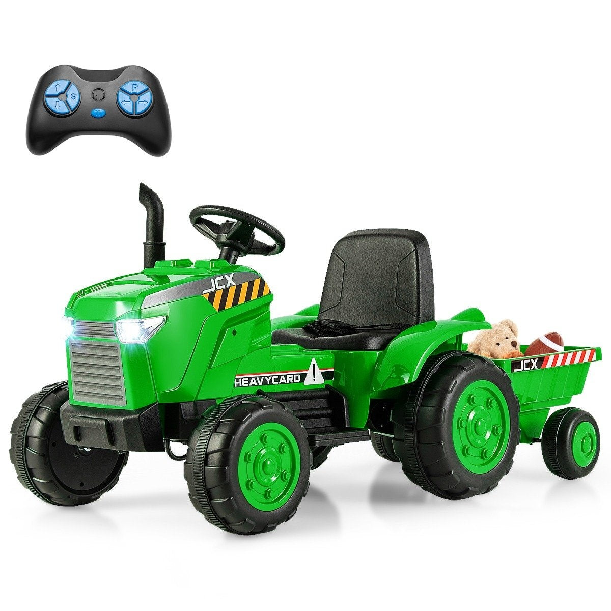 2 in 1 Children's Electric Tractor with Trailer & Remote Control Electric Toy Car-Green