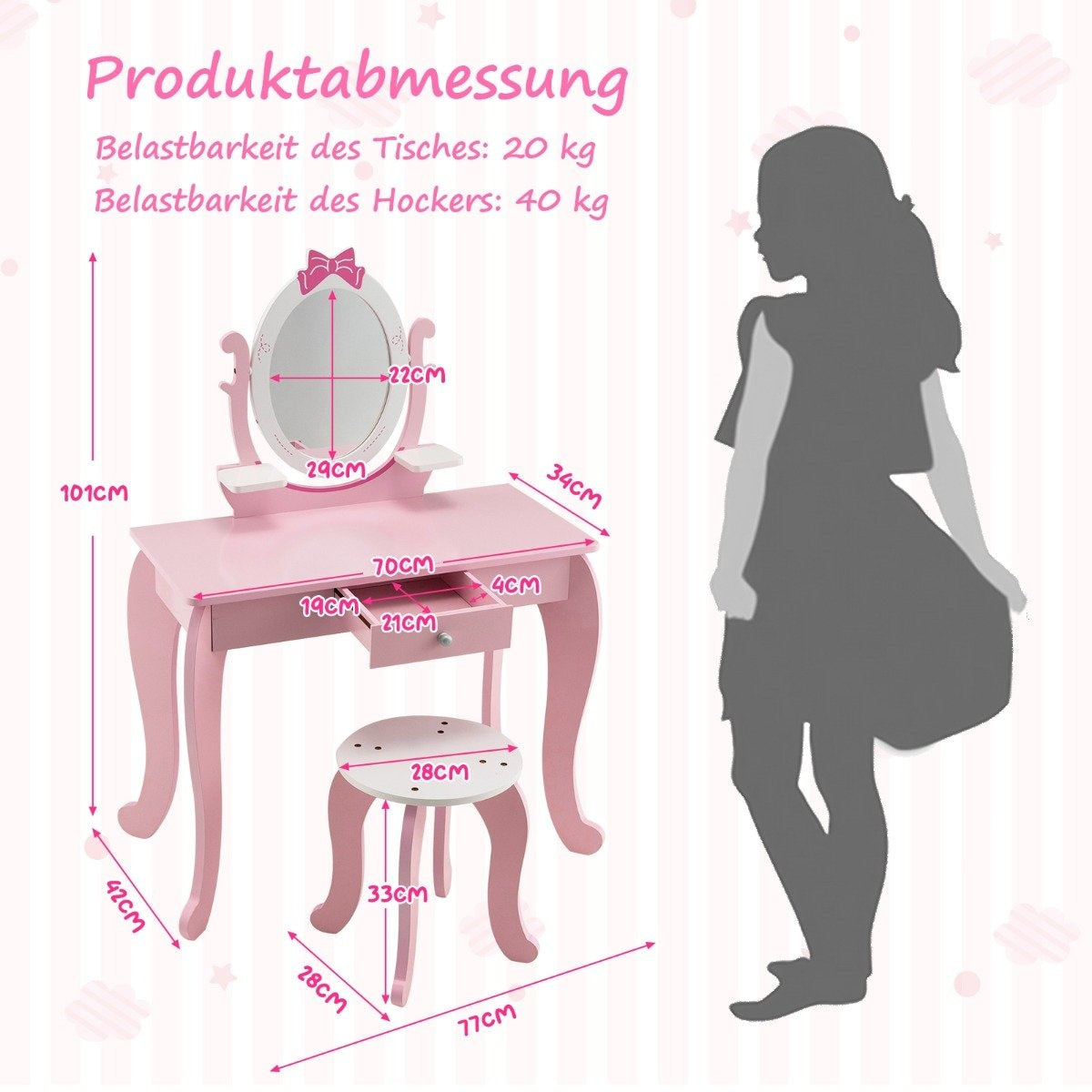 2-in-1 Children's Wooden Dressing Table Set with Stool for Children Ages 3-7 Pink + White