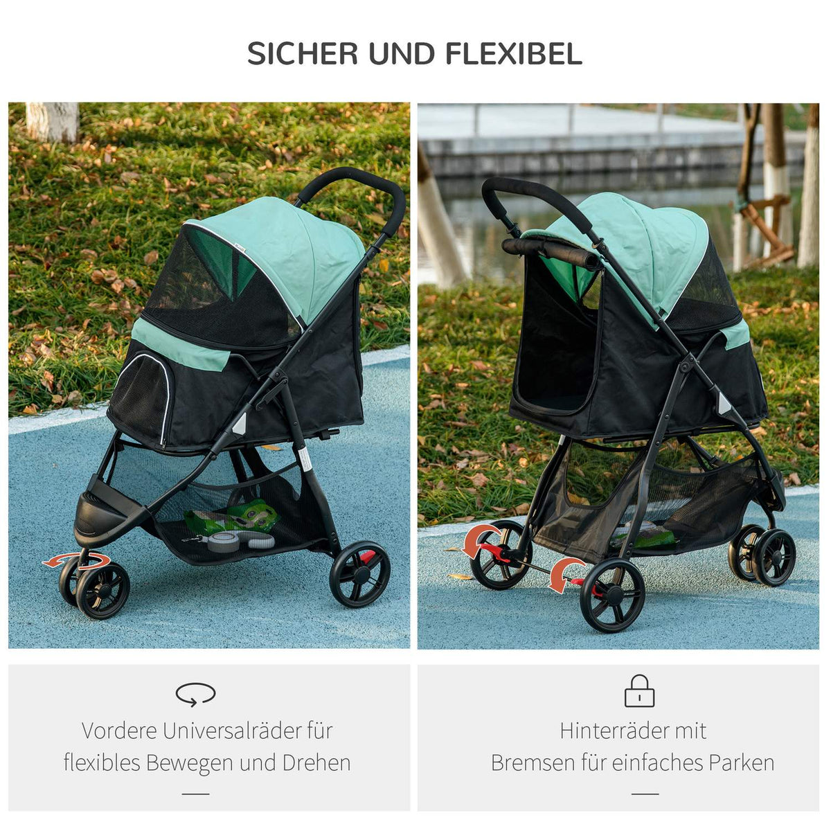 2 in 1 Dog Cart Dog Buggy with Rain Cover Foldable for Dogs & Cats up to 10 kg Cat Buggy with Cushion Mesh Windows Doors Storage Basket Cat Cart Buggy Green