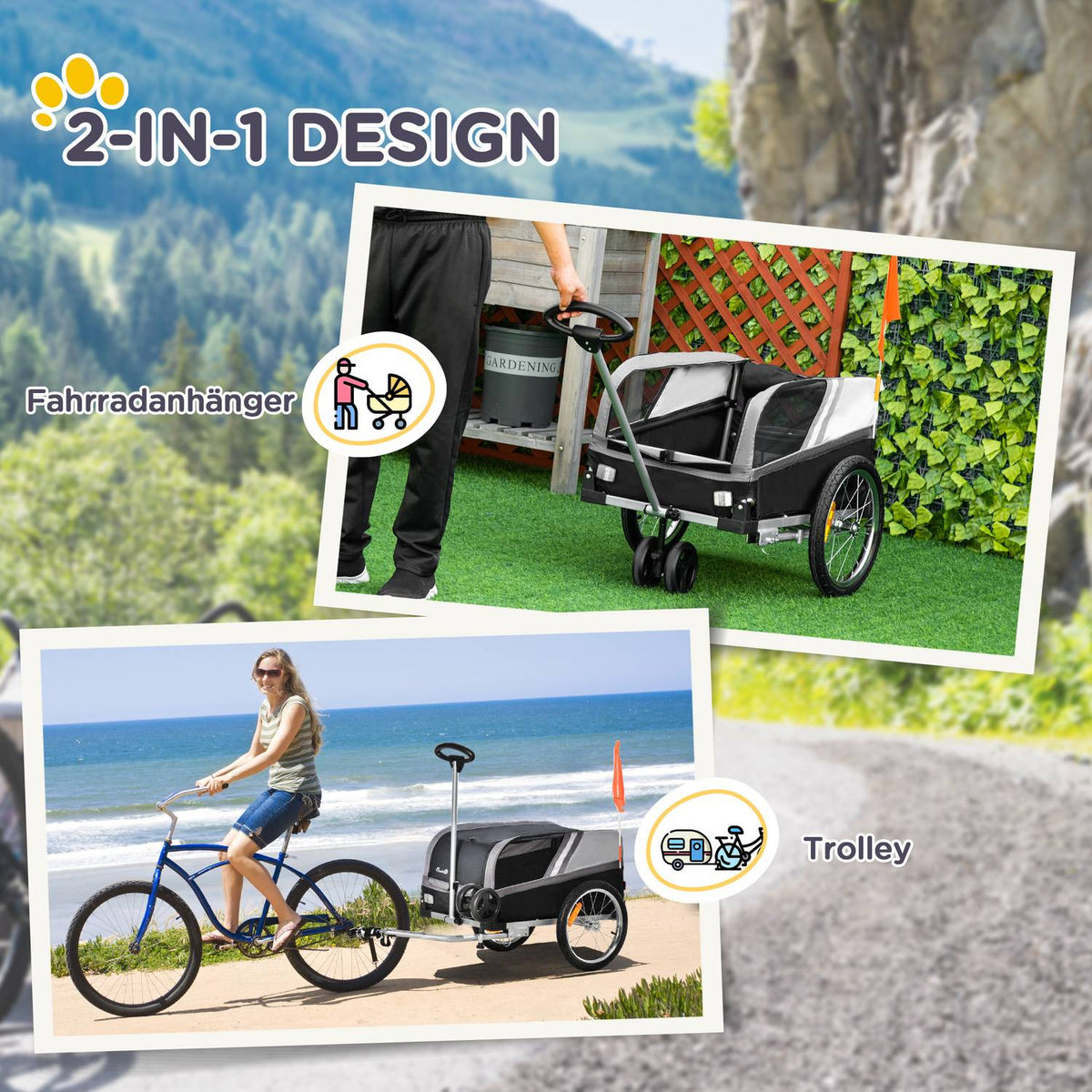 2-in-1 Dog Trailer Pet Trolley & Bicycle Trailer Breathable Oxford Fabric for Travel & Excursions