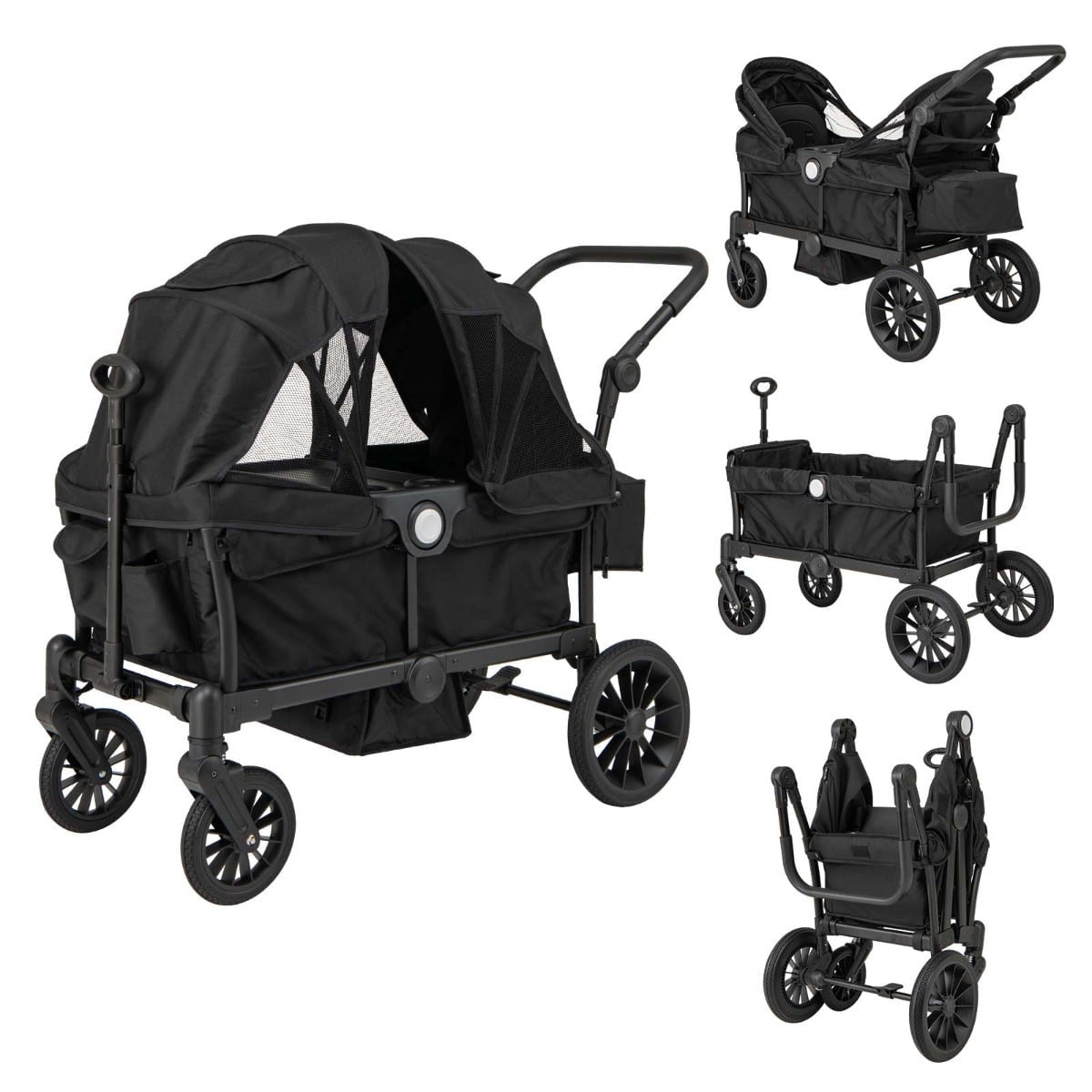 2-in-1 Foldable Double Stroller with Adjustable Handle, Black