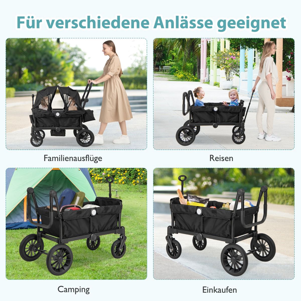 2-in-1 Foldable Double Stroller with Adjustable Handle, Black