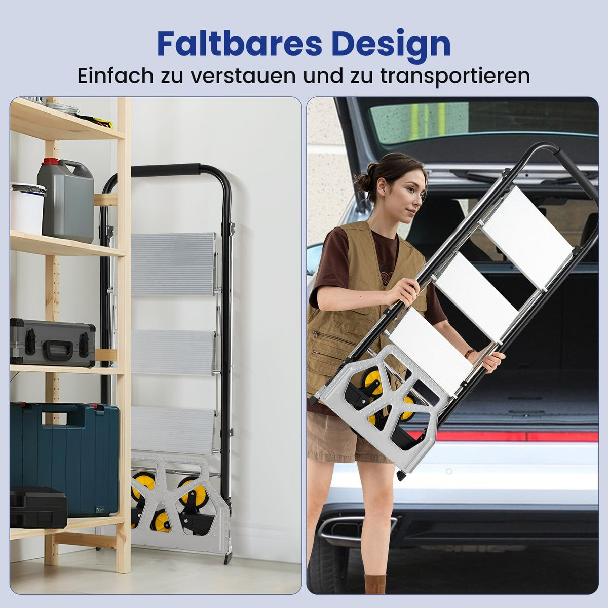 2-in-1 Folding Cart & Ladder, Aluminum, 3-Step, 250kg Capacity