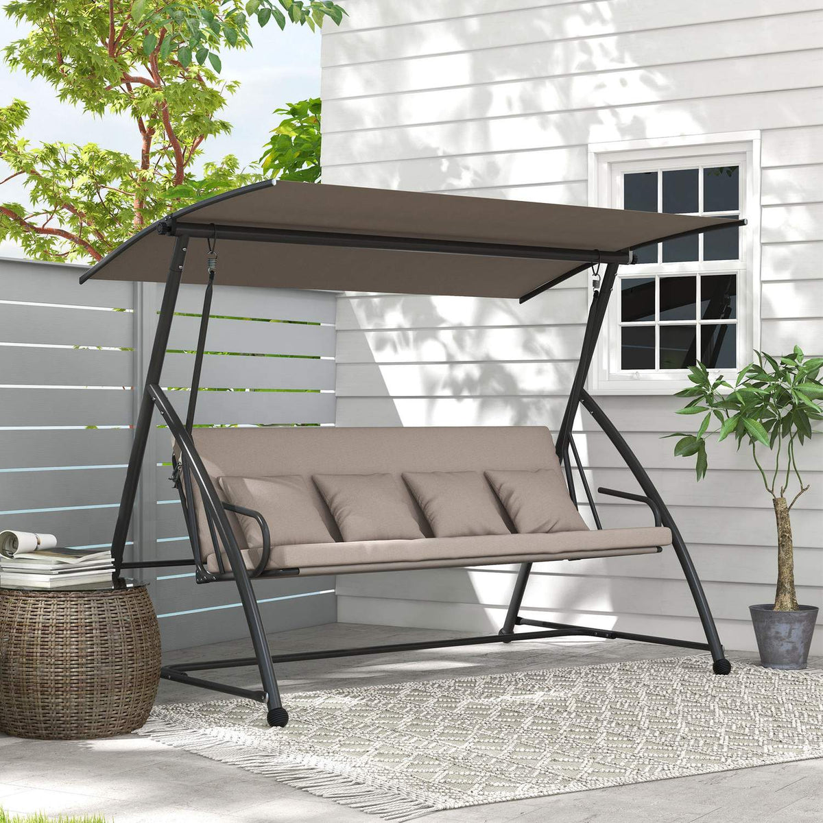 2 in 1 Hollywood swing with reclining function, 3-seater garden swing made of steel, swing bench with adjustable sun canopy cushion, garden lounger 270kg load for terrace, 170x110x153cm, light brown