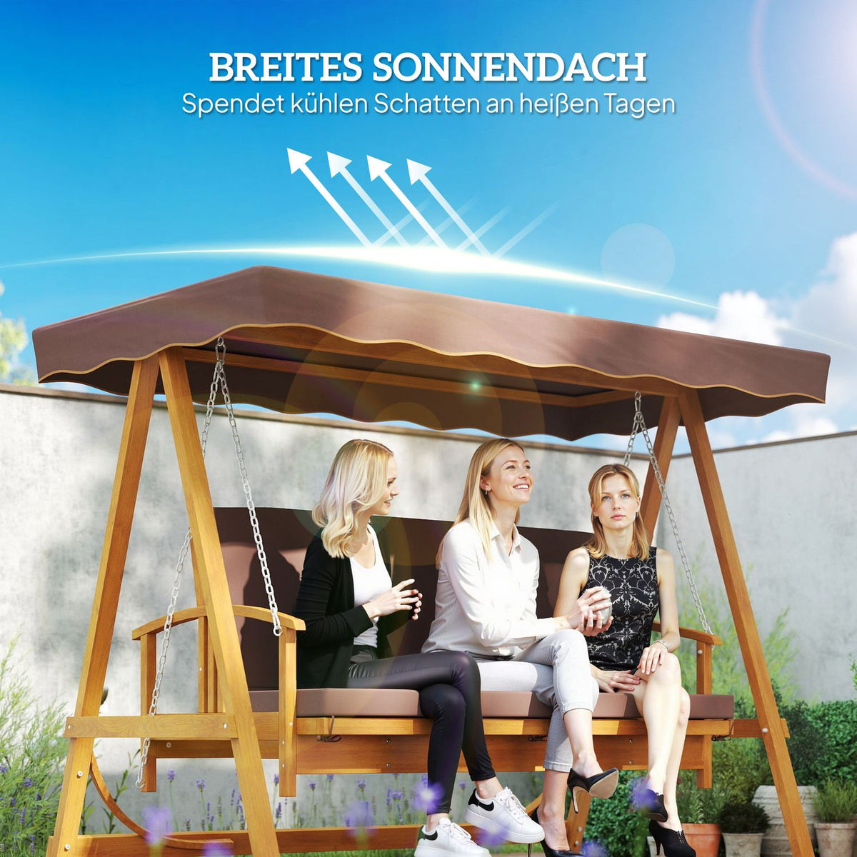2 in 1 Hollywood swing with reclining function, 3-seater garden swing made of wood, wooden swing with sun canopy seat cushion, swing bench up to 330kg, for garden, terrace, 236x130x181 cm, brown |