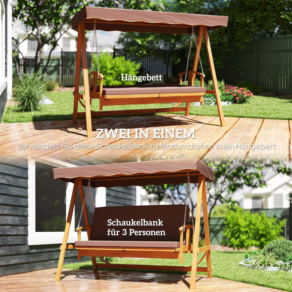 2 in 1 Hollywood swing with reclining function, 3-seater garden swing made of wood, wooden swing with sun canopy seat cushion, swing bench up to 330kg, for garden, terrace, 236x130x181 cm, brown |