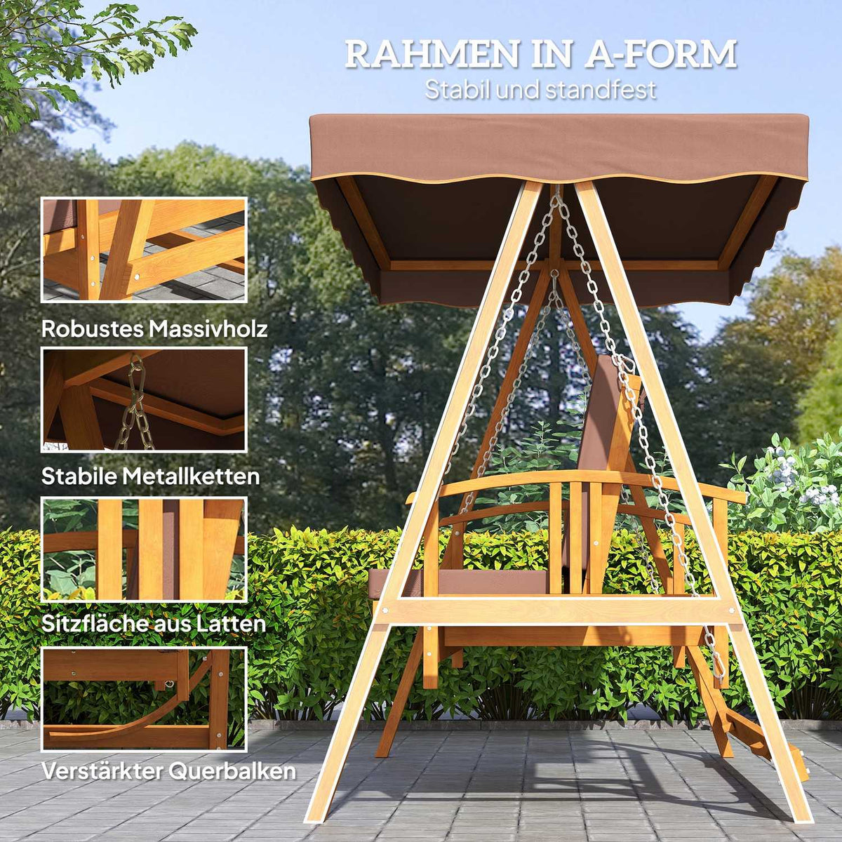 2 in 1 Hollywood swing with reclining function, 3-seater garden swing made of wood, wooden swing with sun canopy seat cushion, swing bench up to 330kg, for garden, terrace, 236x130x181 cm, brown |