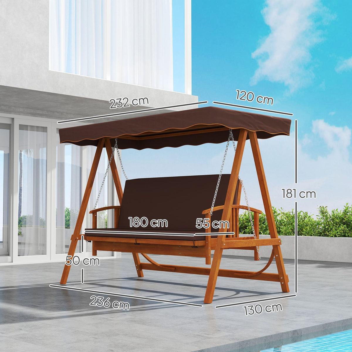 2 in 1 Hollywood swing with reclining function, 3-seater garden swing made of wood, wooden swing with sun canopy seat cushion, swing bench up to 330kg, for garden, terrace, 236x130x181 cm, brown |