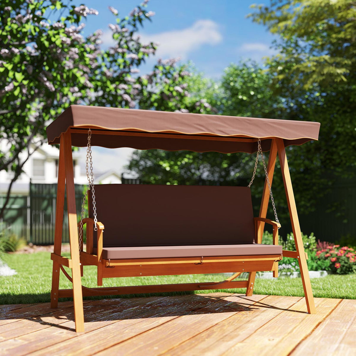 2 in 1 Hollywood swing with reclining function, 3-seater garden swing made of wood, wooden swing with sun canopy seat cushion, swing bench up to 330kg, for garden, terrace, 236x130x181 cm, brown |