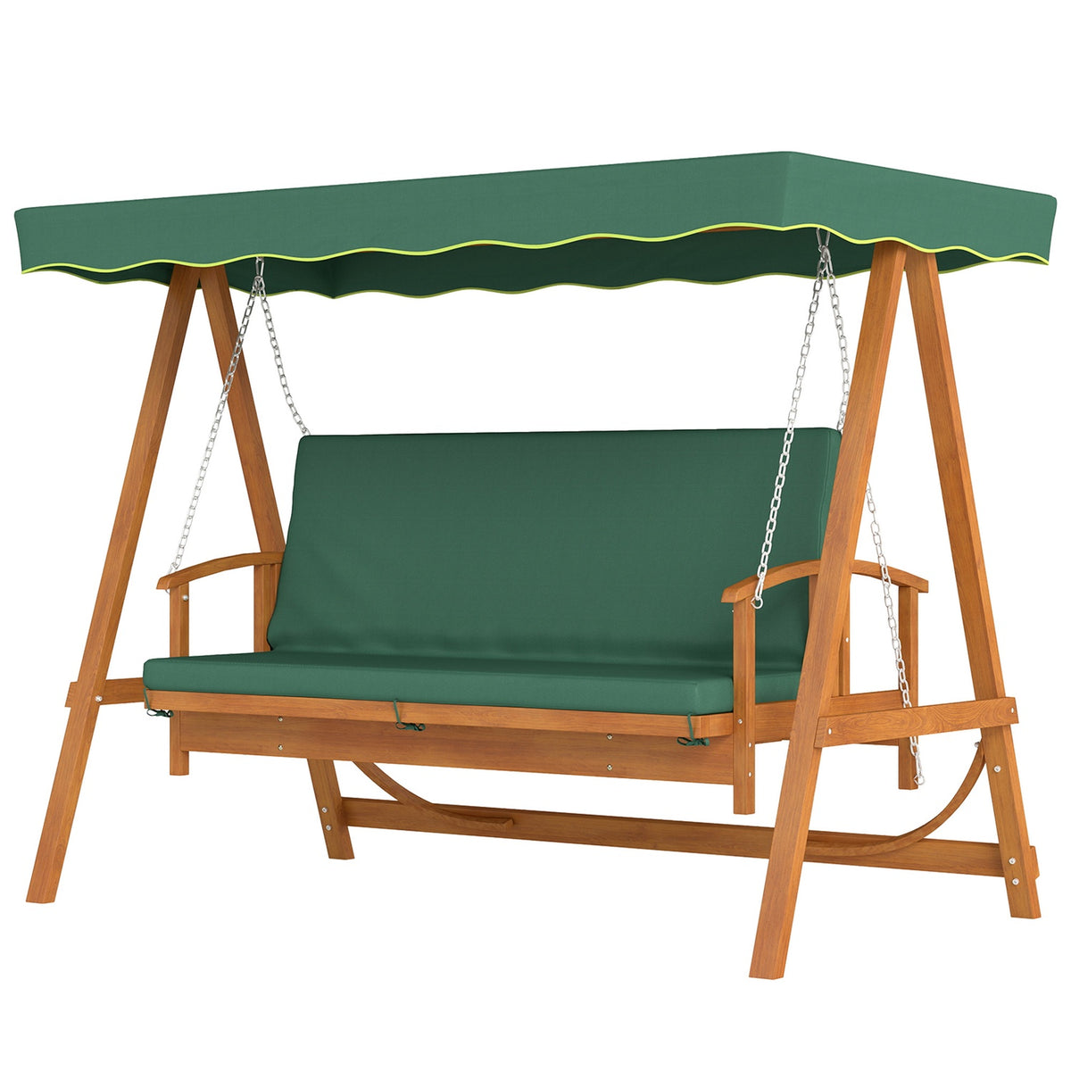 2 in 1 Hollywood swing with reclining function, 3-seater garden swing made of wood, wooden swing with sun canopy seat cushion, swing bench up to 330kg, for garden, terrace, 236x130x181 cm, dark green |