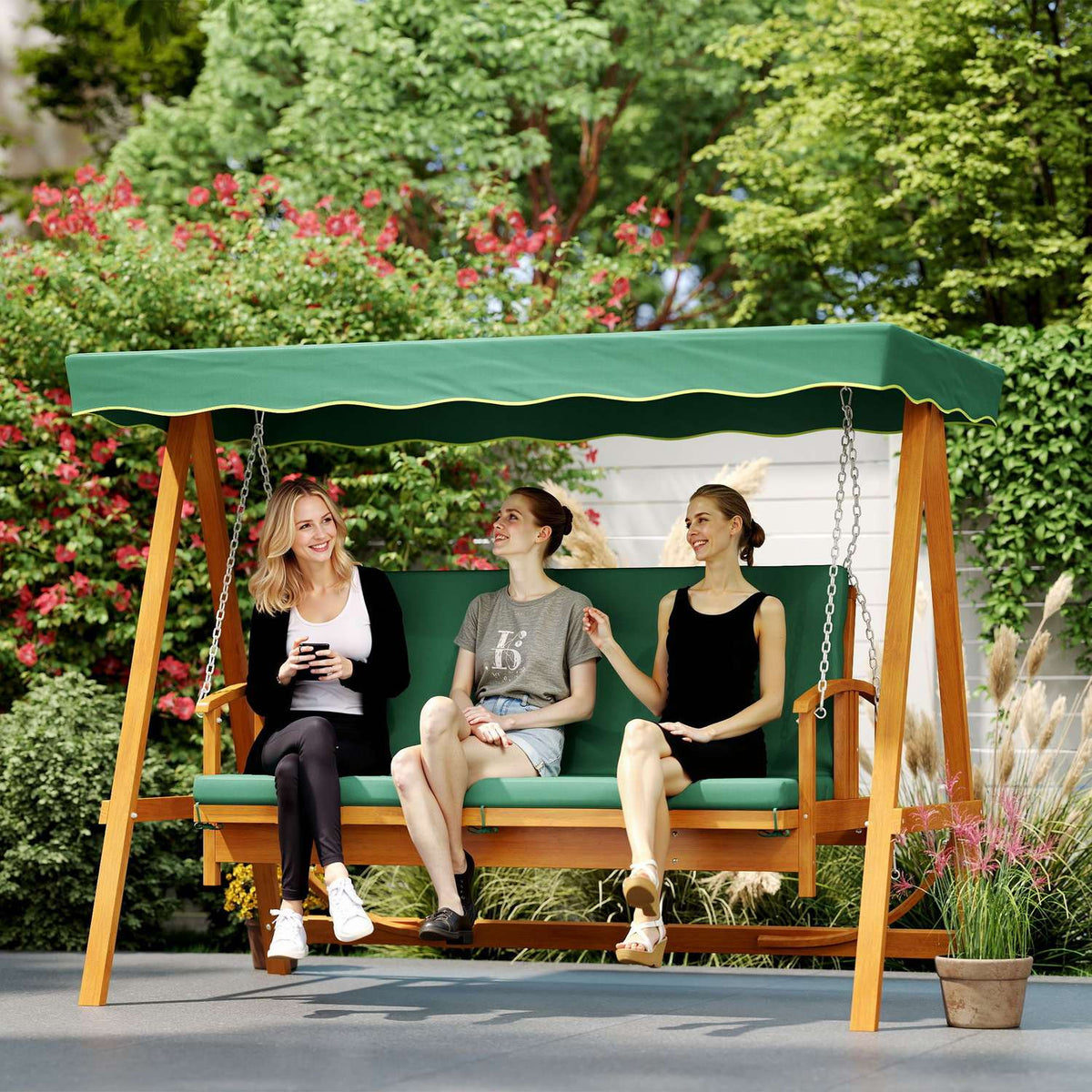 2 in 1 Hollywood swing with reclining function, 3-seater garden swing made of wood, wooden swing with sun canopy seat cushion, swing bench up to 330kg, for garden, terrace, 236x130x181 cm, dark green |