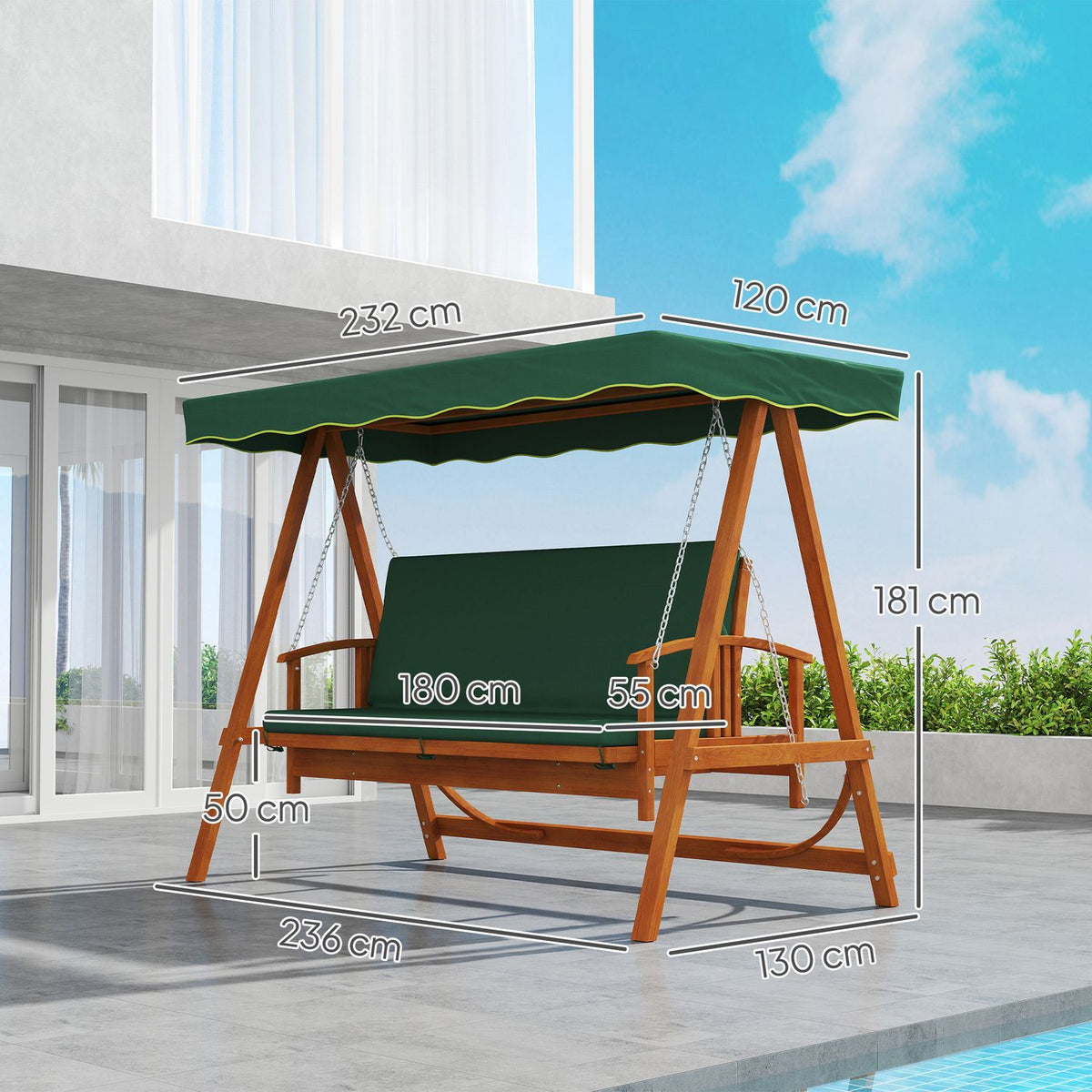 2 in 1 Hollywood swing with reclining function, 3-seater garden swing made of wood, wooden swing with sun canopy seat cushion, swing bench up to 330kg, for garden, terrace, 236x130x181 cm, dark green |