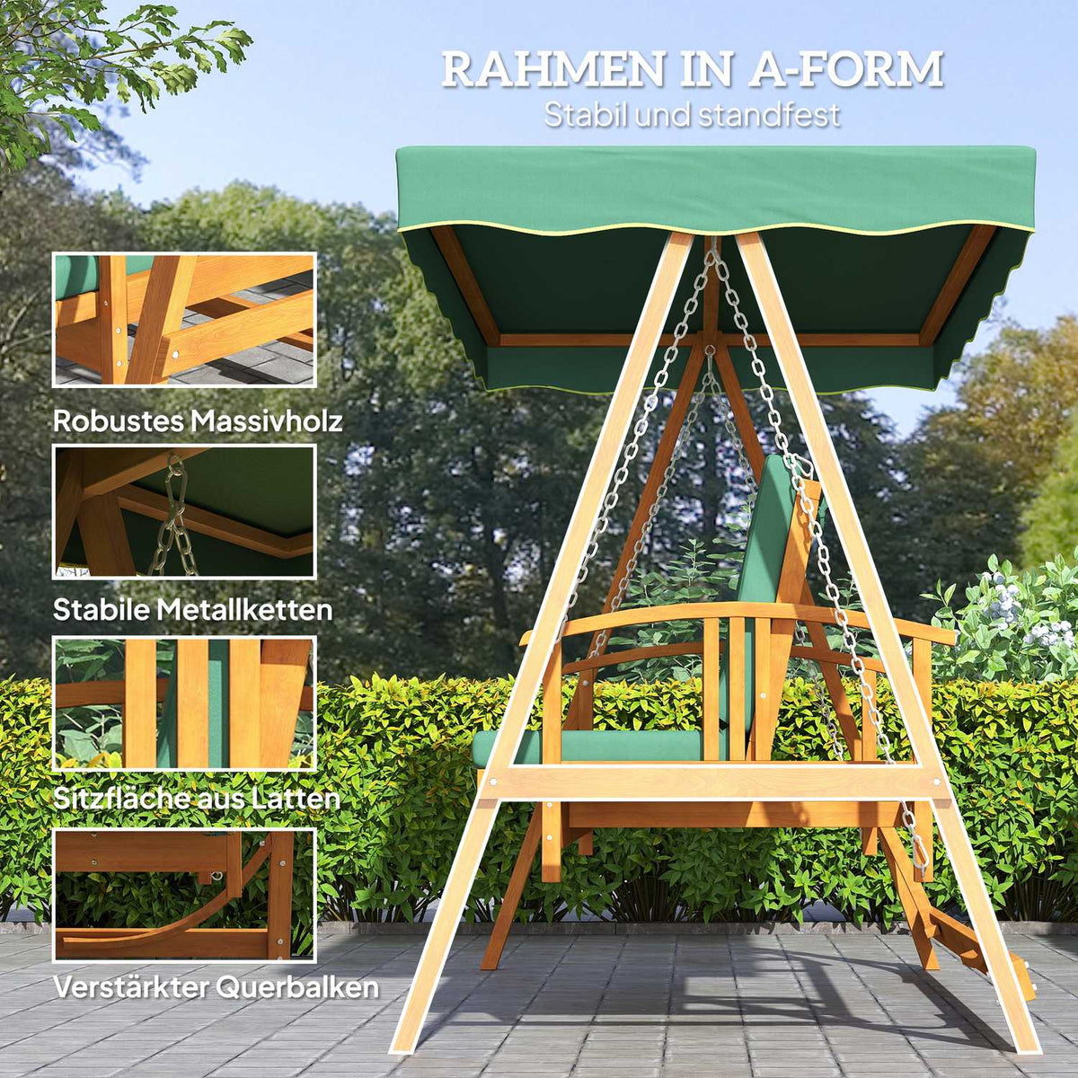 2 in 1 Hollywood swing with reclining function, 3-seater garden swing made of wood, wooden swing with sun canopy seat cushion, swing bench up to 330kg, for garden, terrace, 236x130x181 cm, dark green |
