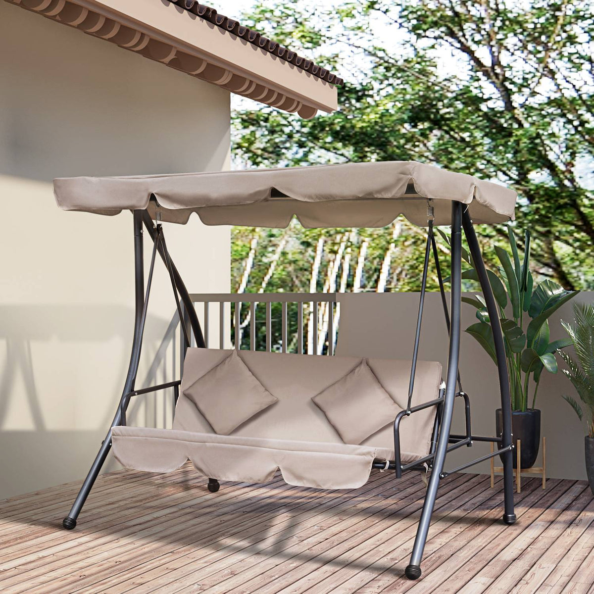 2 in 1 Hollywood swing with reclining function, 3-seater garden swing with adjustable sun canopy cushion, swing bench loads up to 340kg, garden lounger for garden terrace 200x 125 x 170 cm beige