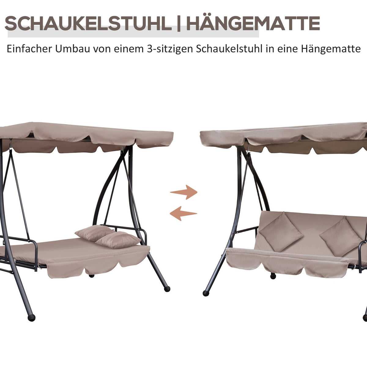 2 in 1 Hollywood swing with reclining function, 3-seater garden swing with adjustable sun canopy cushion, swing bench loads up to 340kg, garden lounger for garden terrace 200x 125 x 170 cm beige