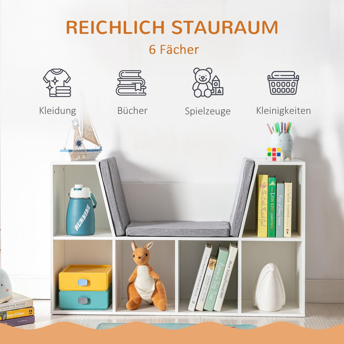 2-in-1 Kids Storage Shelf & Bench with Cushion, White/Grey