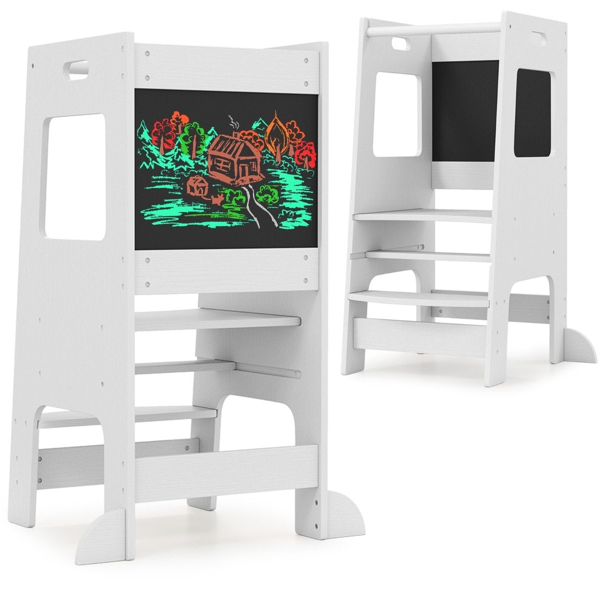2 in 1 Kitchen Helper Learning Tower with 3 Adjustable Heights & Chalkboard Step Stool Learning Chair White