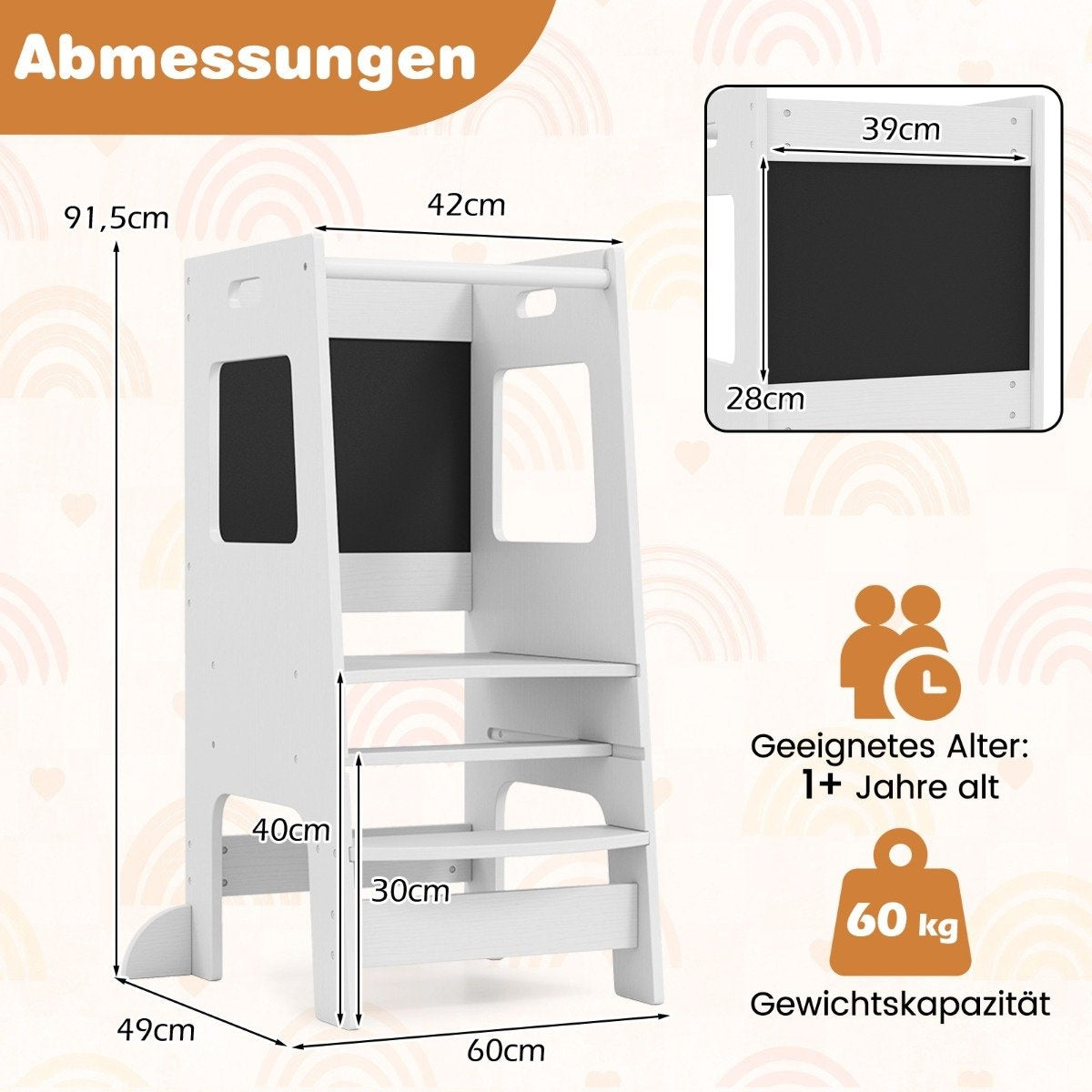 2 in 1 Kitchen Helper Learning Tower with 3 Adjustable Heights & Chalkboard Step Stool Learning Chair White
