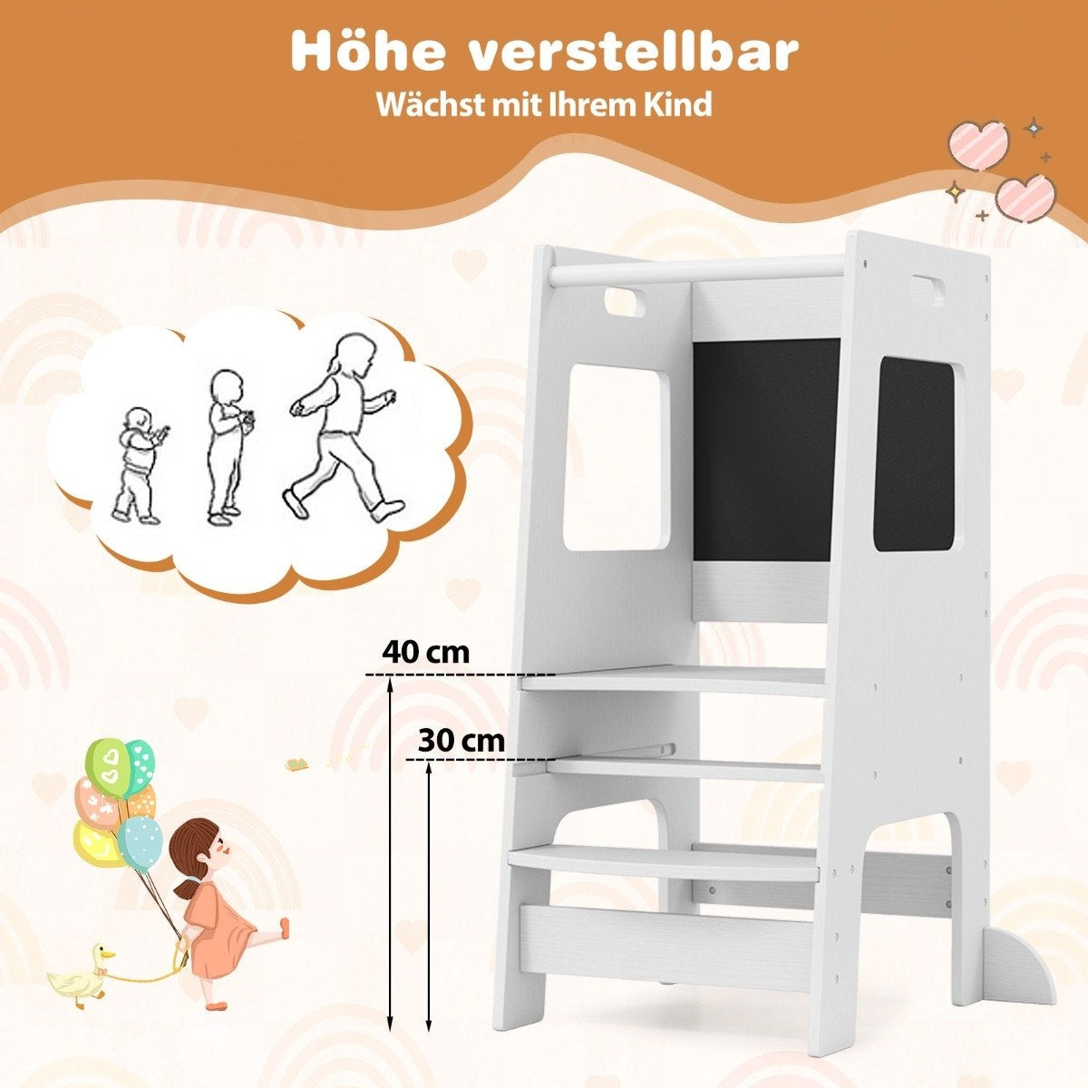 2 in 1 Kitchen Helper Learning Tower with 3 Adjustable Heights & Chalkboard Step Stool Learning Chair White